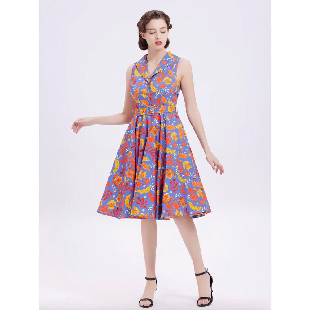 Miss Lulo Jani Dress in Fall Cerulean Flowers Floral Retro Rockabilly Sz S